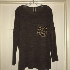 Ladies Brown Long Sleeve Top with Leopard Pocket